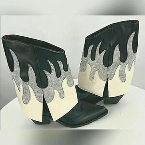 Western 7 Baddie Flame Rhinestone Cowgirl Leather Black White Silver Booties